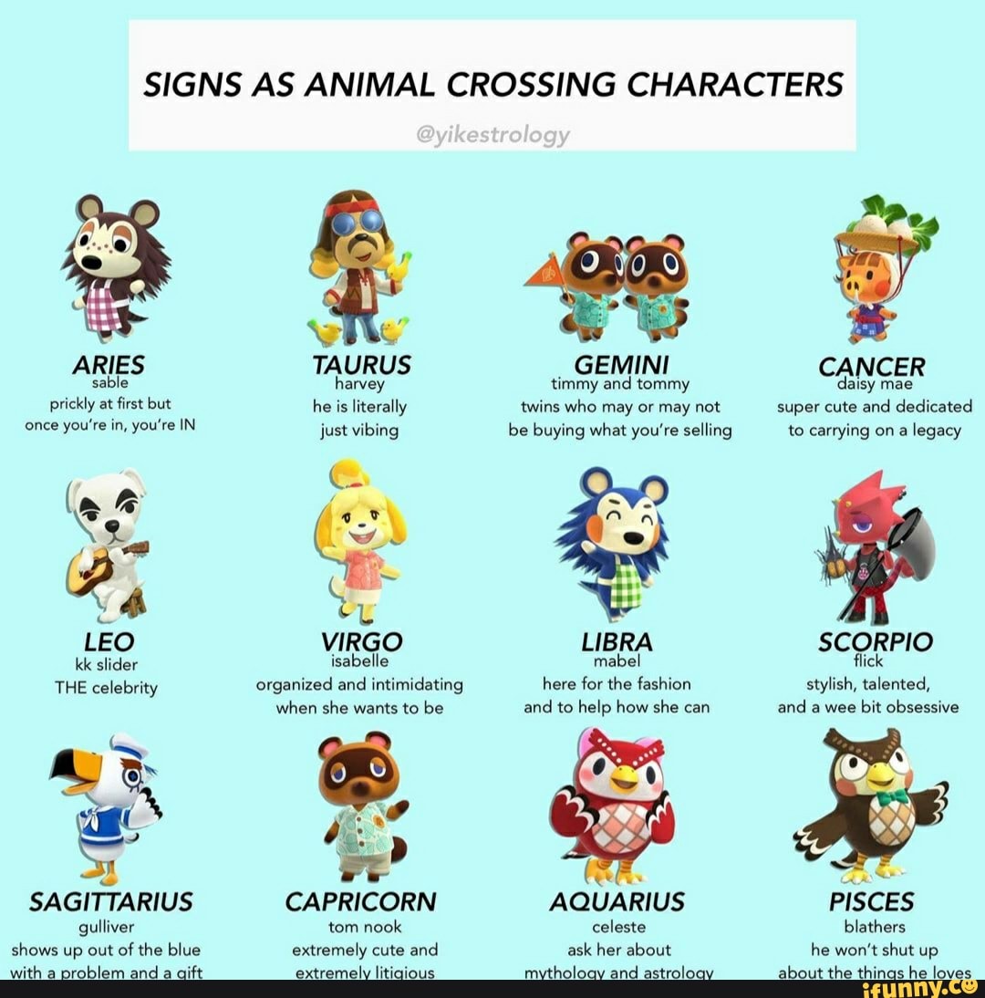 SIGNS AS ANIMAL CROSSING CHARACTERS wile TAURUS GEMINI CANCER harvey timmy  and tommy daisy mae Prickly