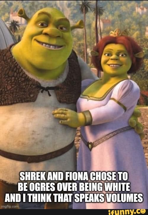 SHREK AND FIONA CHOSE TO BE OGRES OVER BEING WHITE AND I THINK THAT ...