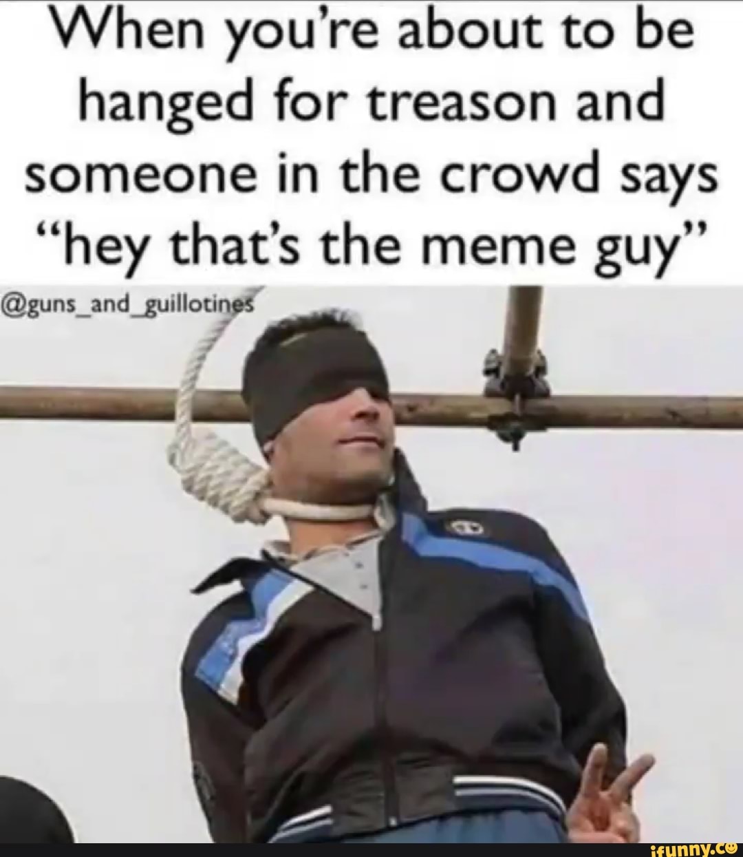When re about to be hanged for treason and someone in the crowd says
"hey that's the meme guy"'
@guns_and_guillotings