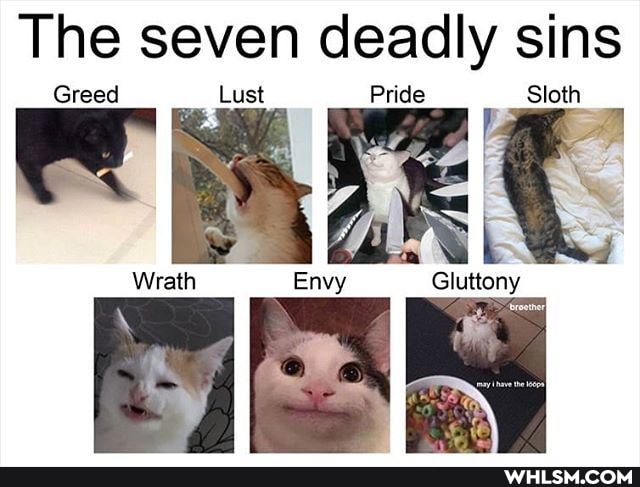The seven deadly sins
Greed Lust Pride Sloth
Wrath Envy Gluttony