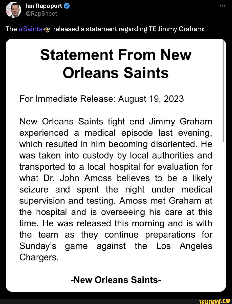 New Orleans Saints tight end Jimmy Graham taken into custody after  experiencing a 'medical episode'