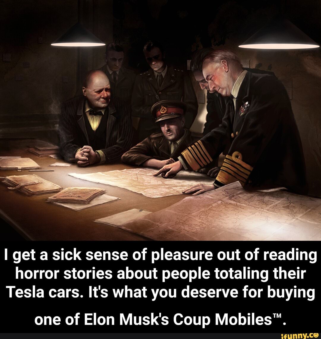 I get a sick sense of pleasure out of reading
horror stories about people totaling their
Tesla cars. It's what you deserve for buying
one of Elon Musk's Coup Mobiles". - one of Elon Musk's Coup Mobiles™.