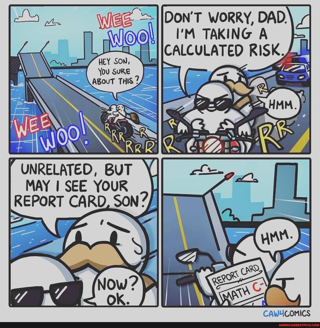 Wee
DON'T WORRY, DAD,
I'M TAKING
CALCULATED RISK
HEY SON,
( UNRELATED, BUT MAY SEE YOUR REPORT CARD, SON?
AG
/ 4
