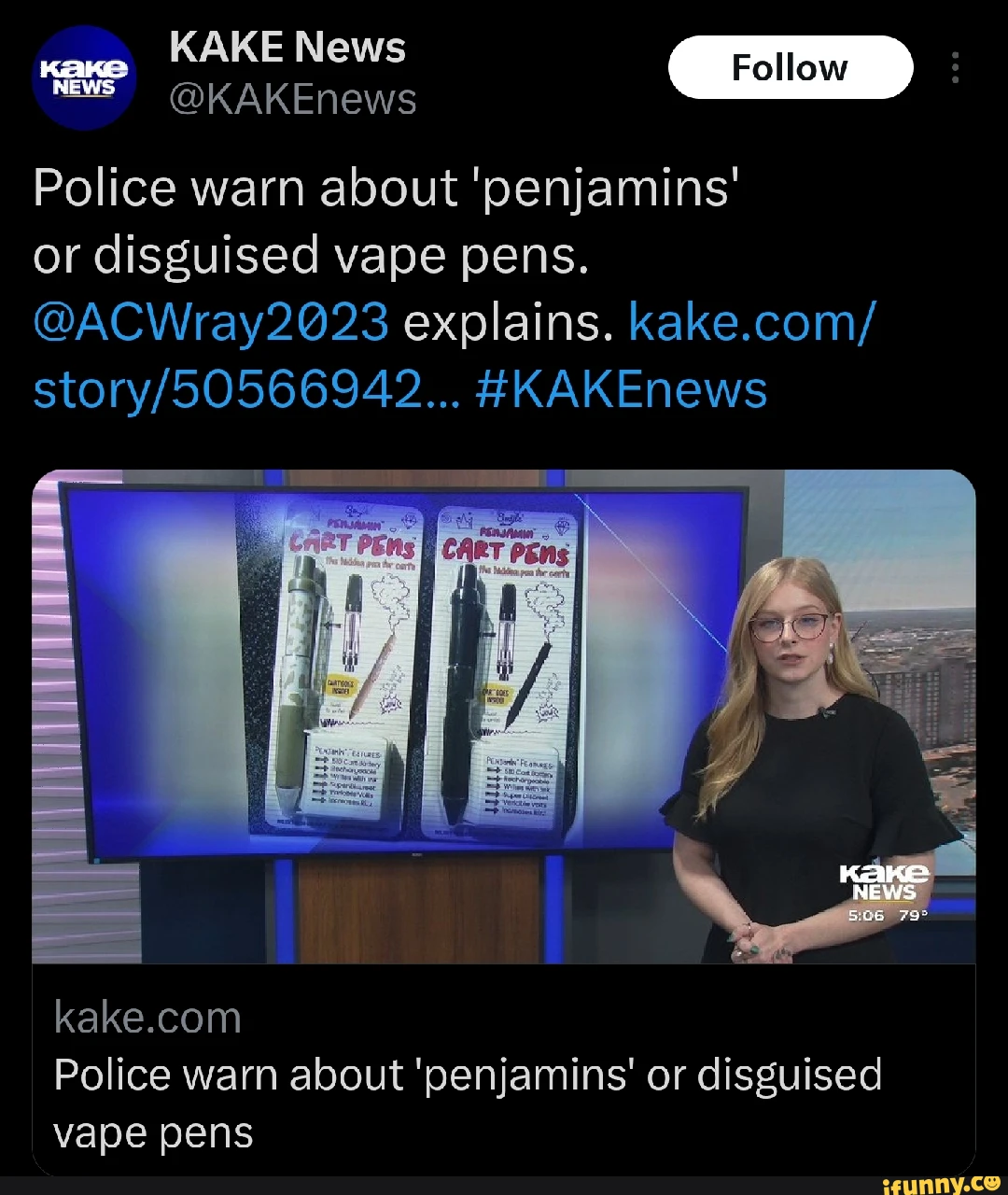 KAKE News Follow Follo) NEWS Police warn about 'penjamins' or disguised vape pens. @ACWray2023 bazzars porn explains sonia porn. kake.com/ #KAKEnews NEWS Police warn about 'penjamins' or disguised vape pens