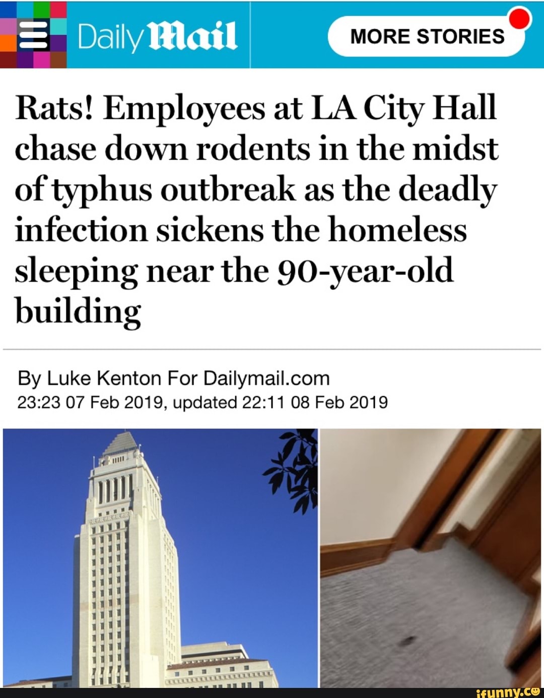 Rats! Employees at LA City Hall
chase down rodents in the midst
of typhus outbreak as
the deadly
infection sickens the homeless
sleeping near
the 90-year-old
building
By Luke Kenton For Dailymail.com
23:23 07 Feb 2019, updated 22:11 08 Feb 2019