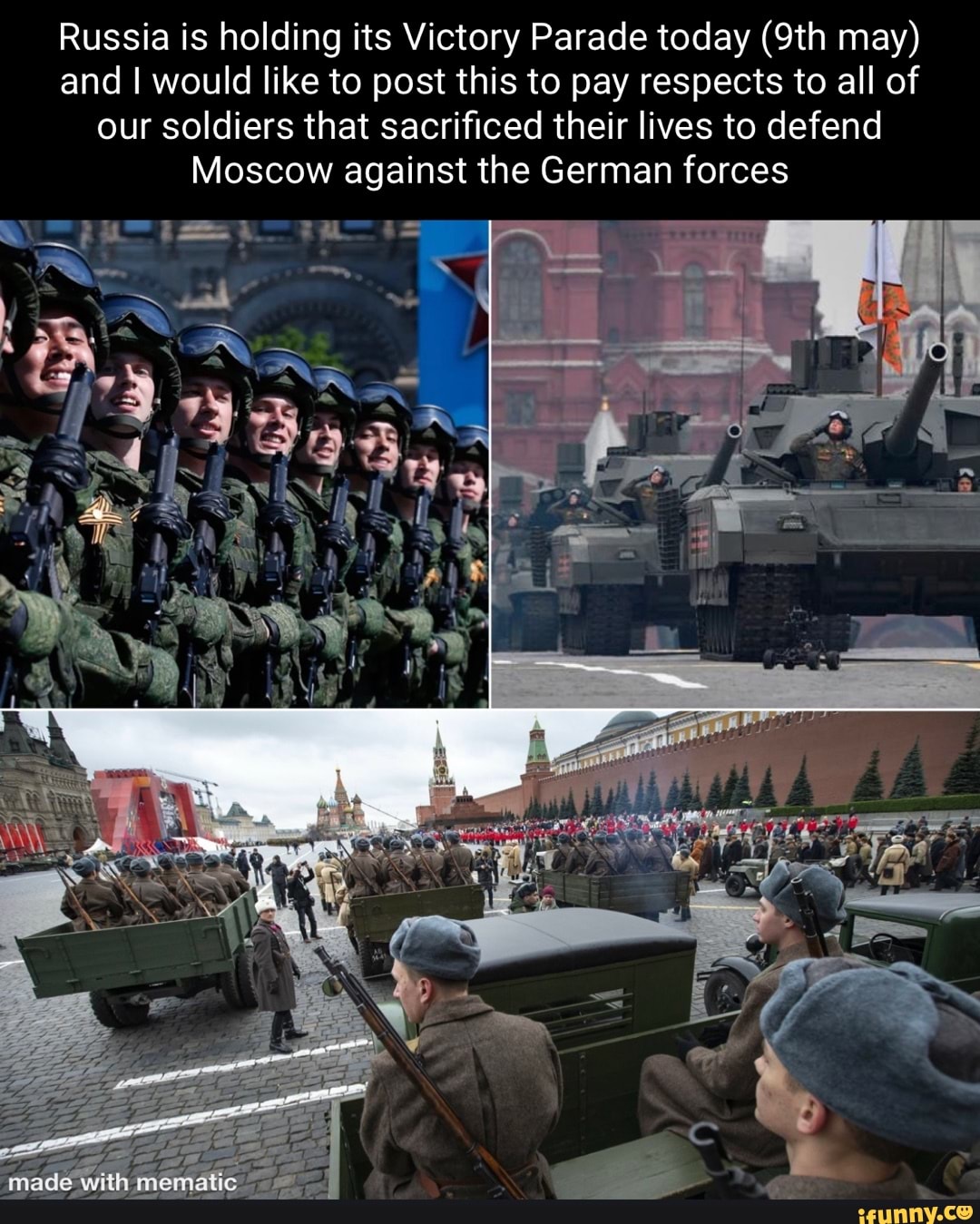 Russia is holding its Victory Parade today may) and I would like to post this to pay respects to all of our soldiers that sacrificed their lives to defend
Moscow against the German forces
made.