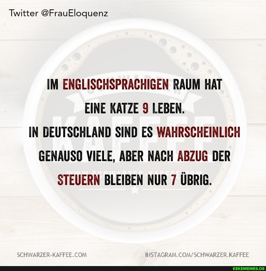 Twitter @FrauEloquenz
IM ENGLISCHSPRACHIGEN RAUM HAT EINE KATZE 9 LEBEN.
IN DEUTSCHLAND SIND ES WAHRSCHEINLICH GENAUSO VIELE, ABER NACH ABZUG DER STEUERN BLEIBEN NUR 7 ÜBRIG.
