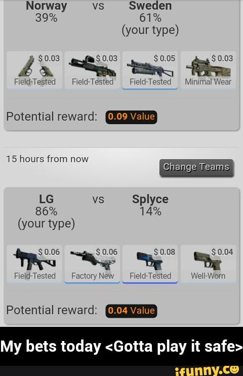 <Gotta play it safe>
86% 14%
Potential reward: 0.09 Value
My bets today - My bets today <Gotta play it safe>