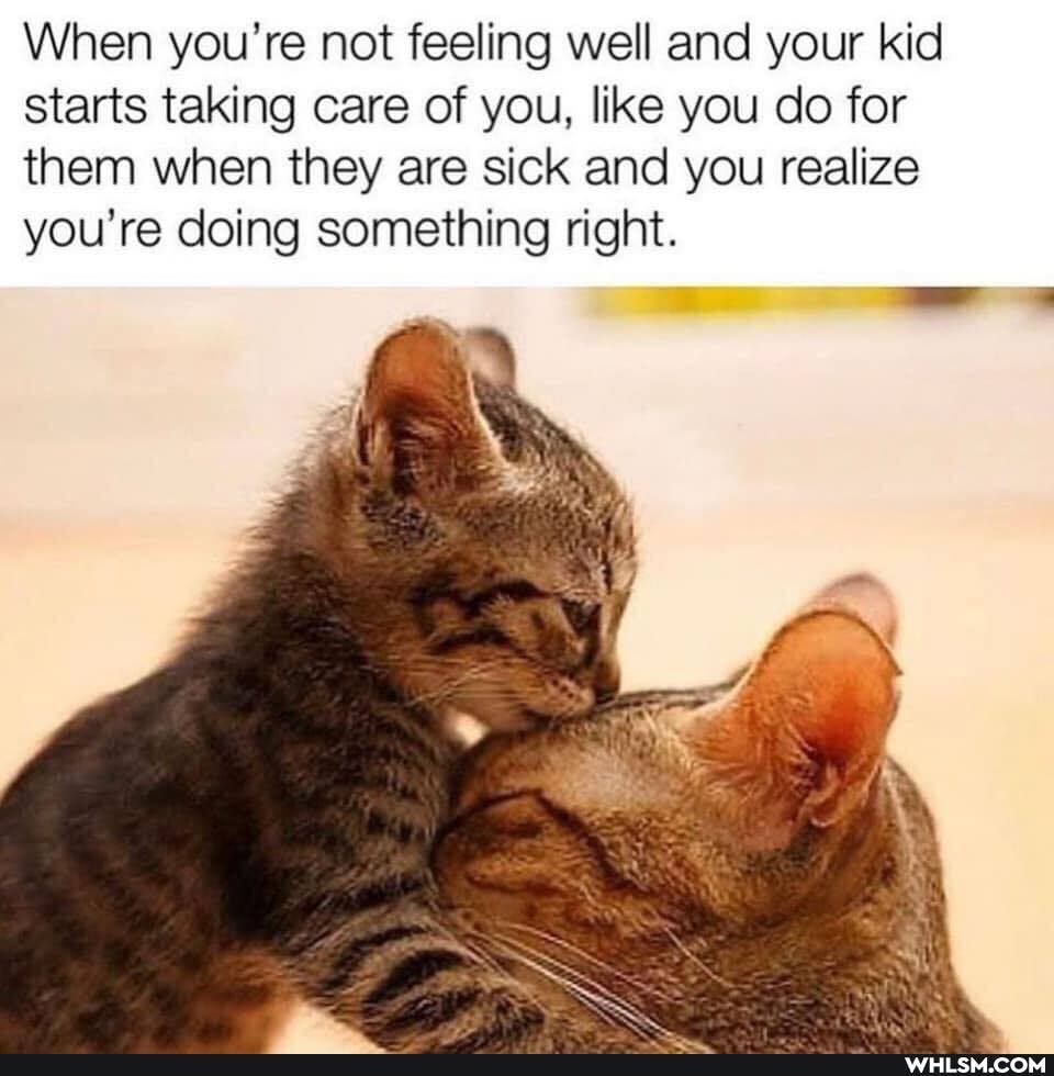 When you're not feeling well and your kid starts taking care of you, like you do for
them when they are sick and you realize you're doing something right.