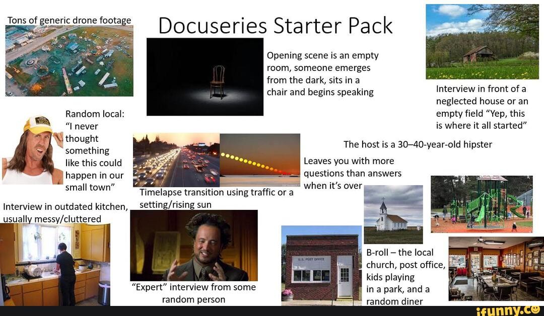 Docuseries Starter Pack Opening scene is an empty room, someone emerges  from the dark, sits ina