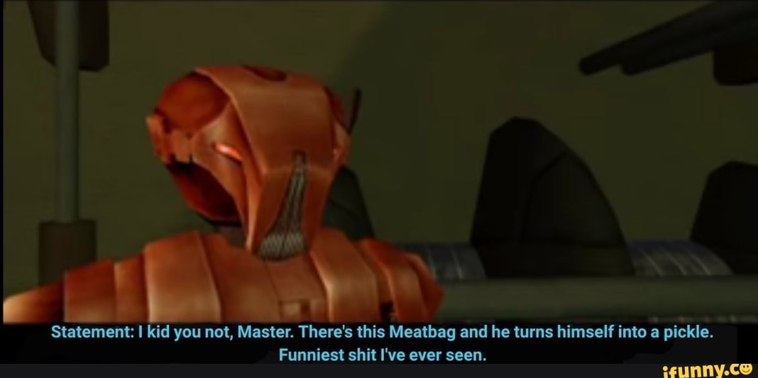 Statement: I kid you not, Master. There's this Meatbag and he turns himself into a
pickle.
Funniest shit I've ever seen.