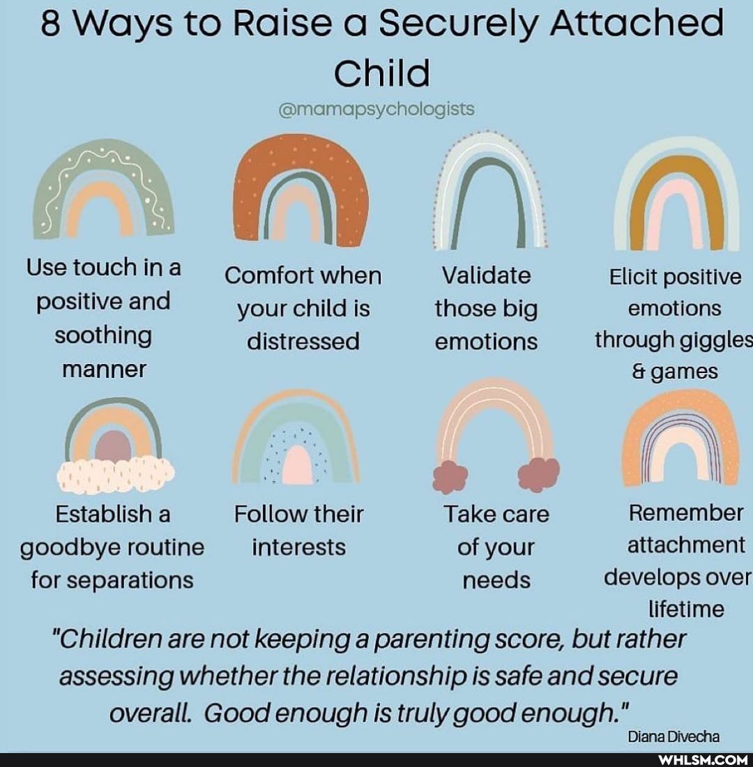 8 Ways to Raise a Securely Attached
Child
@mamapsychologists
Use touch ina
Comfort when
positive and your child is those big
soothing distressed emotions
manner
Establish a Follow their Take care goodbye routine interests of your
for separations
Validate Elicit positive those big emotions emotions through giggles
& games
Take care Remember of your attachment needs develops over lifetime
"Children are not keeping a parenting score, but rather assessing whether the relationship is safe and secure overall. Good enough is truly good enough."
Diana Nnsochy