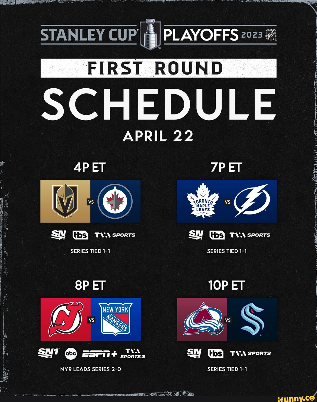 STANLEY CUP PLAYOFFS FIRST ROUND SCHEDULE APRIL 22 ET ET BO SN TVA   Bed319e66da2c43bf3e306984ae30eb6e8d86f0255c503b994820d799dd02917 1 