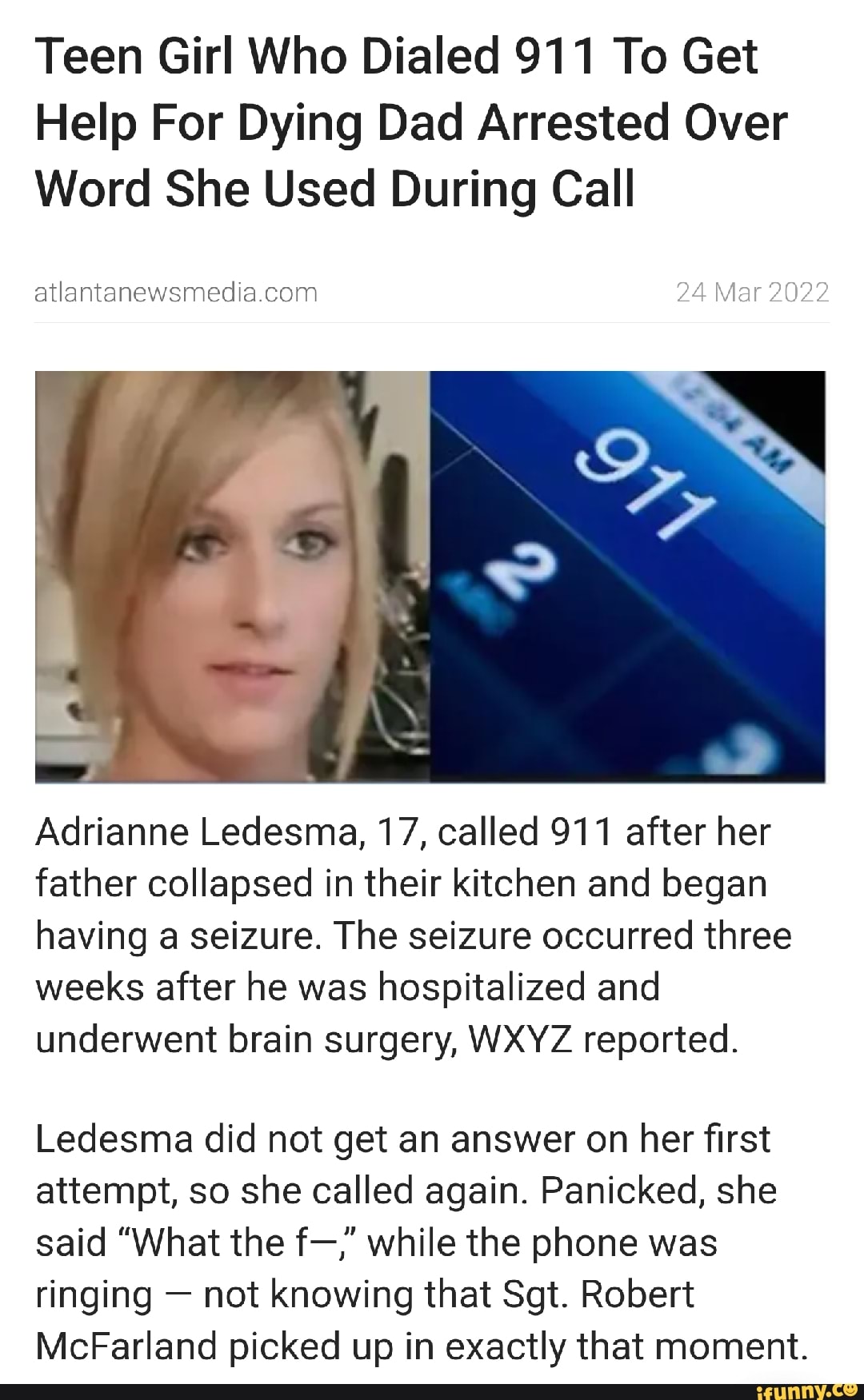 Teen Girl Who Dialed 911 To Get Help For Dying Dad Arrested Over Word