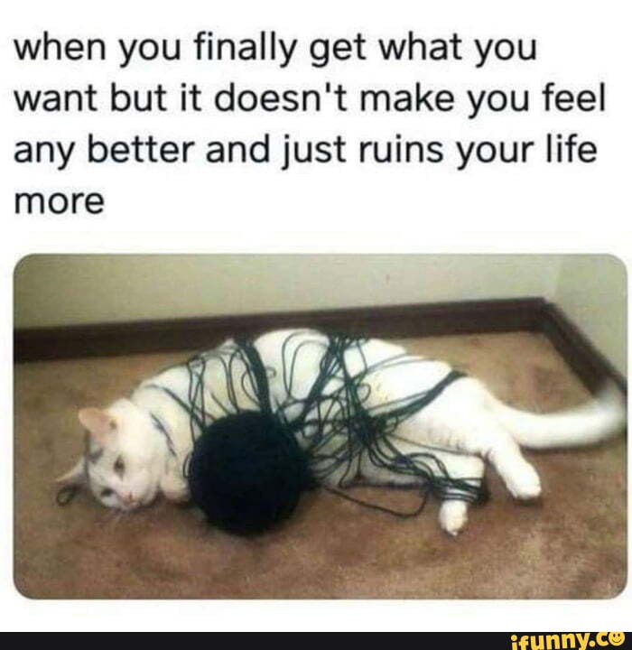 when you finally get what you want but it doesn't make you feel any better and just ruins your life more