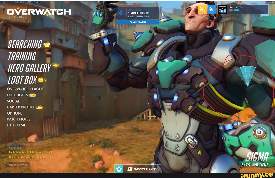 FPS: 53
VRM: 1560 MB VERWAI SEARCHING ve
68126 TIME ELAPSED:
SFARCHING TRAINING HERO
LOOT BOX
OVERWATCH LEAGUE HIGHLIGHTS SOCIAL
CAREER PROFILE OPTIONS
PATCH NOTES
EXIT GAME
PRESS ENTER TO CHAT