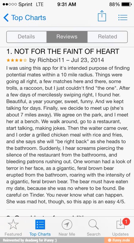e000 Sprint LTE 9:31 AM Top Charts
Reviews
1. NOT FOR THE FAINT OF HEART
Jul 23, 2014
I was using this app for it's intended purpose of finding
potential mates within a 10 mile radius. Things were
going all right, a few matches here and there, some
trolls, a raccoon, but
I just couldn't find "the one". After
a few days of mercilessly swiping right, I found her.
Beautiful, a year younger, sweet, funny. And we kept
talking for days. Finally, we decide to meet up (she's
about 7 miles away). We agree on the park, and I meet
her at a bench. We walk around, go to a restaurant,
start talking, making jokes. Then the waiter came over,
and I order a grilled chicken meal with rice and fries,
and she says she will "be right back" as she heads to
the bathroom. Suddenly, I hear screams piercing the
silence of the restaurant from the bathrooms, and
bleeding patrons rushing out. One woman had a look of
terror in her face, as a gigantic, feral brown bear
erupted from the bathroom, roaring with the intensity of
a gigantic, feral brown bear. The bear must have eaten
my date, because she was no where to be found. Be
careful on Tinder. You never know what can happen.
She was mad hot, though, so this app is an easy 4/5.
Featured TopCharts NearMe Search Updates