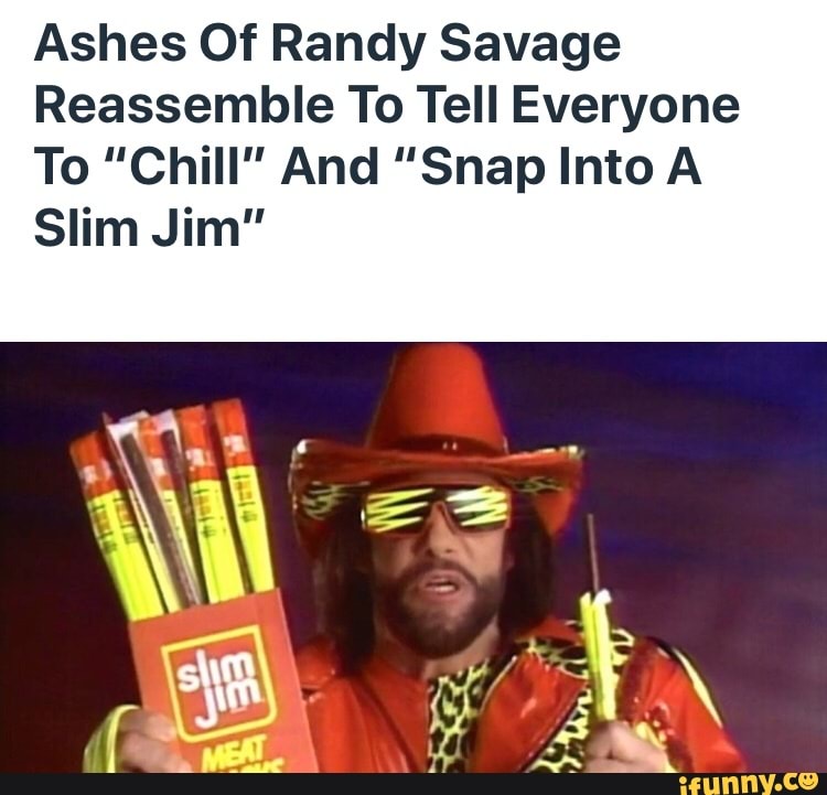Ashes Of Randy Savage
Reassemble To Tell Everyone
To "Chill" And "Snap Into A
Slim Jim"