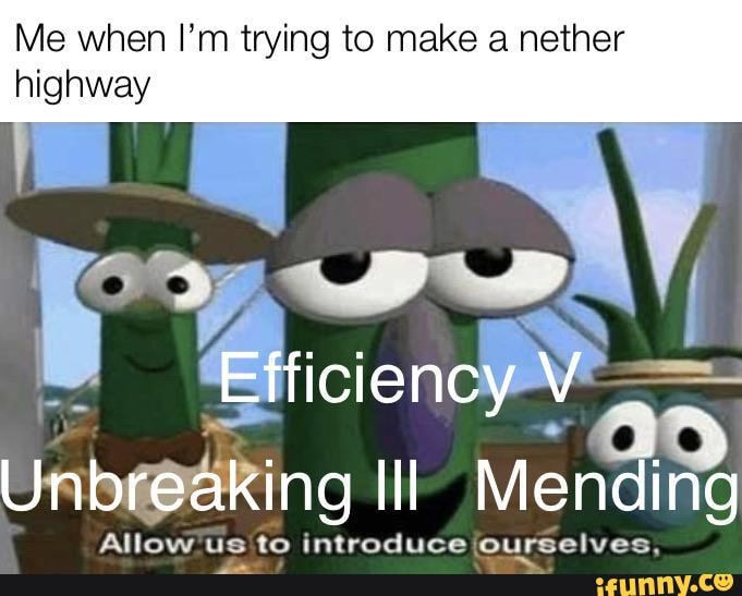 Me when I'm trying to make a nether
highway
Unbreaiking Mending
Allow us to introduce ourselves.