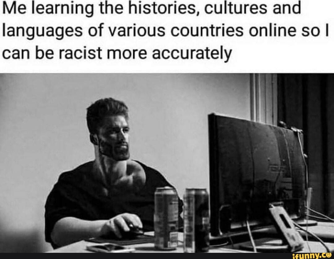 Me learning the histories, cultures and languages of various countries online so I
can be racist more accurately