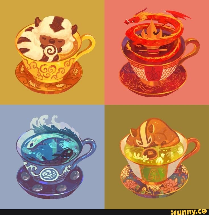 avatar, avatarthelastairbender, fantasy, cute, air, earth, water, fire, red, blue, green, yellow, flyingbison, dragon, badger, fish, koi, teacup, fanart
