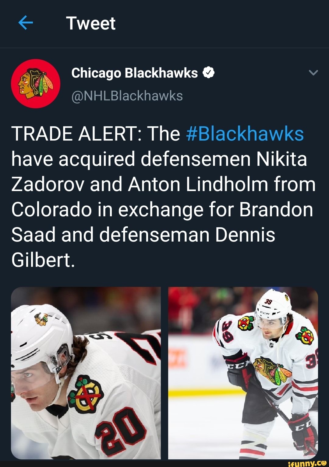 Tweet Chicago Blackhawks @ TRADE ALERT: The #Blackhawks Have Acquired ...