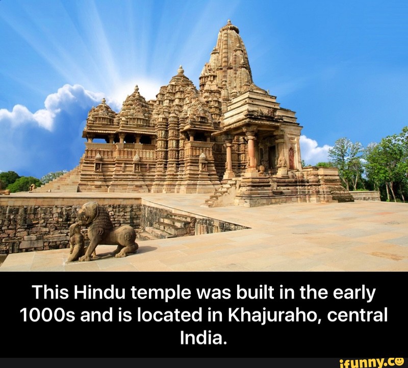 This Hindu temple was built in the early
10005 and is located in Khajuraho, central
India. - This Hindu temple was built in the early 1000s and is located in Khajuraho, central India.