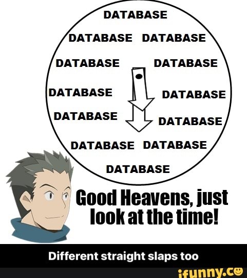 DATABASE
DATABASE DATABASE
DATABASE DATABASE
DATABASE DATABASE
DATABASE DATABASE
DATABASE DATABASE
DATABASE
7 Good Heavens, just look at the time!
Different straight slaps too - Different straight slaps too