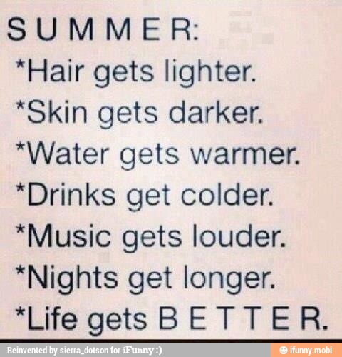 SUMMER:
*Hair gets lighter.
*Skin gets darker.
"Water gets warmer.
*Drinks get colder.
*Music gets louder.
*Nights get longer.
"ie gets
BETTER: