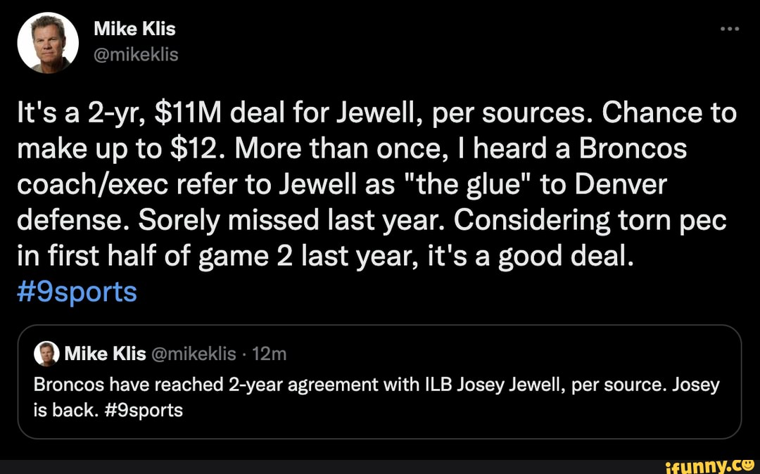 Mike Klis It's a 2yr, deal for Jewell, per sources. Chance to make up