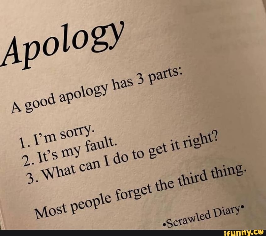 Apolosy
A good apoloey has part
1. sorry:
3. What can do get it right? forget ihe (pid shine:
Most peovle