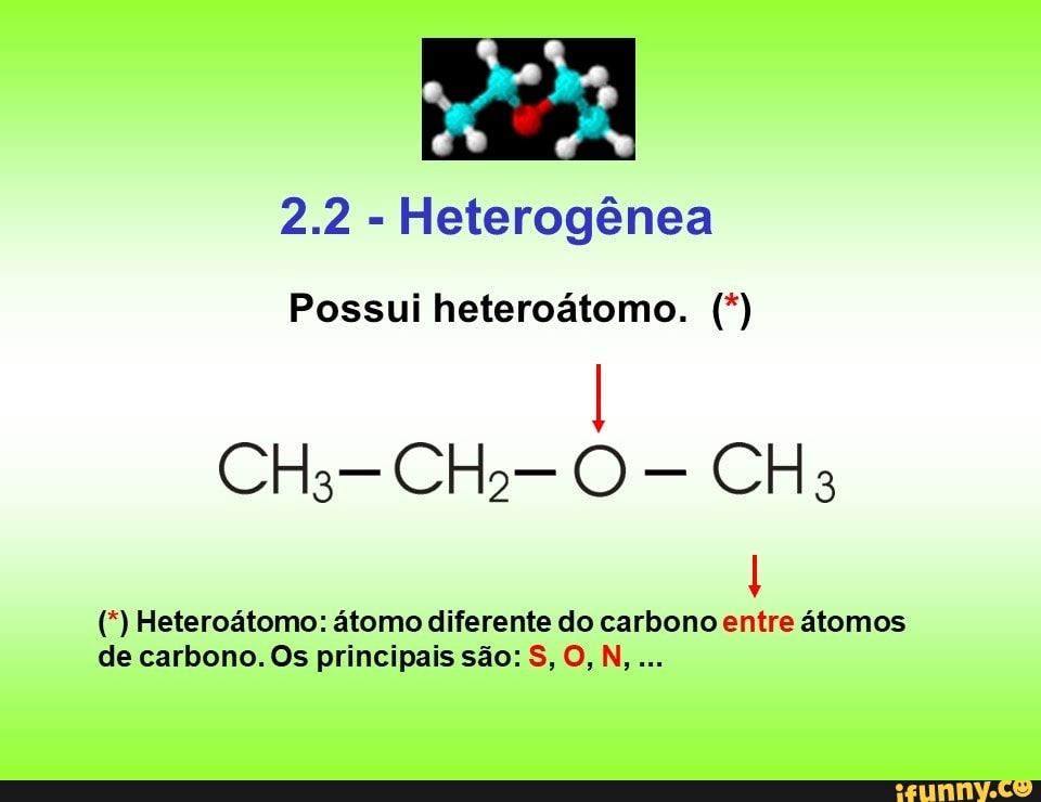 Heterogênea
Possui heteroátomo. I Heteroatomo: atomo diferente do carbono entre atomos
de carbono. Os principais sao: S, O, N,
