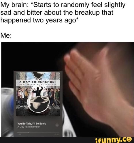 My brain: *Starts to randomly feel slightly sad and bitter about the breakup that happened two years ago*
Me:
'You Be Tis, Sonic