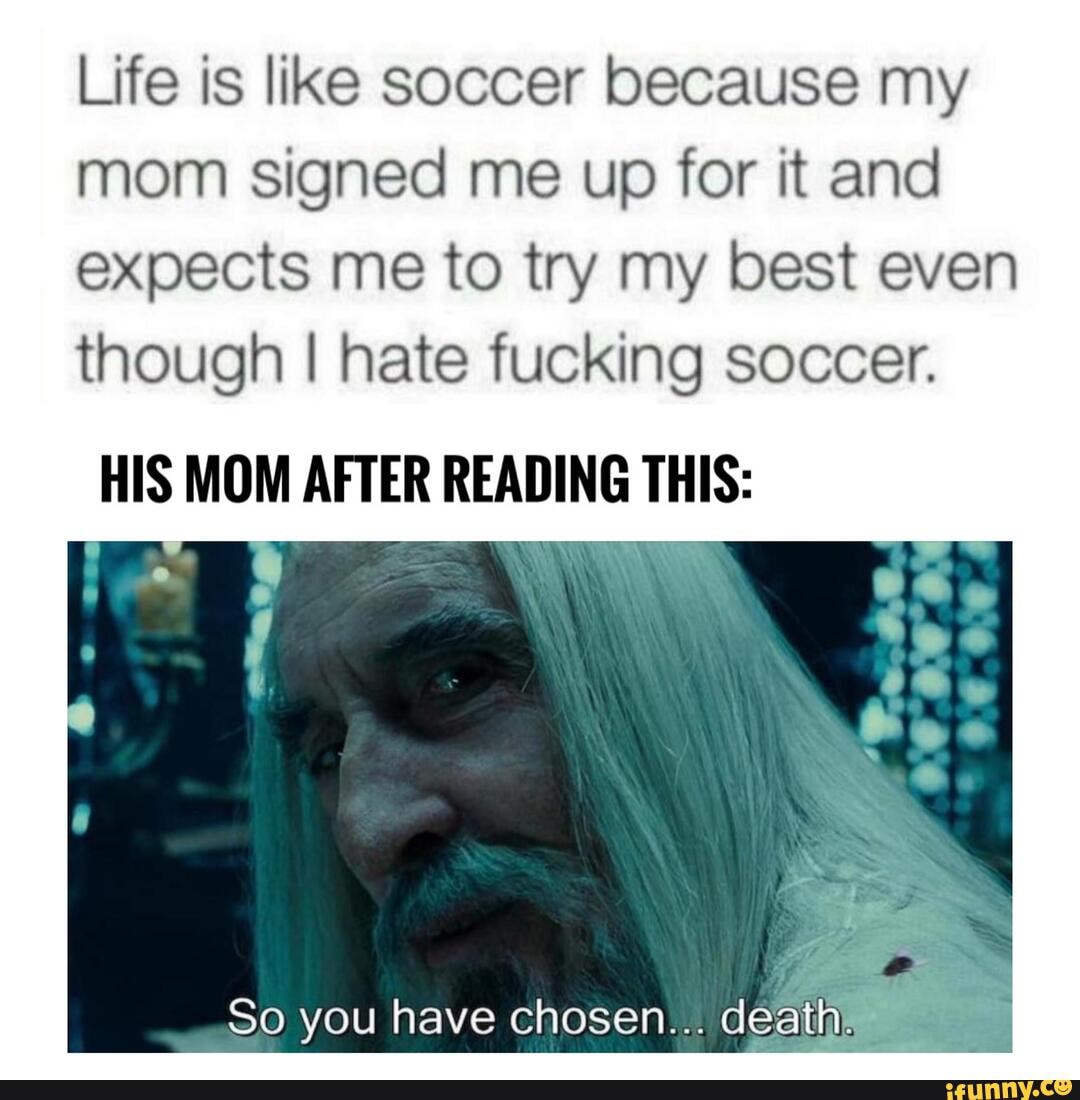 Life is like soccer because my mom signed me up for it and expects me to try my best even though I hate fucking soccer.
HIS MOM AFTER READING THIS:
So you have chosen... deal