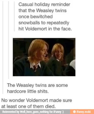 Casual holiday reminder
that the Weasley twins
once bewitched
EATON o E ER Code efe te
hit Voldemort in the face.
The Weasley twins are some
hardcore little shits.
No wonder Voldemort made sure
at least one of them died.