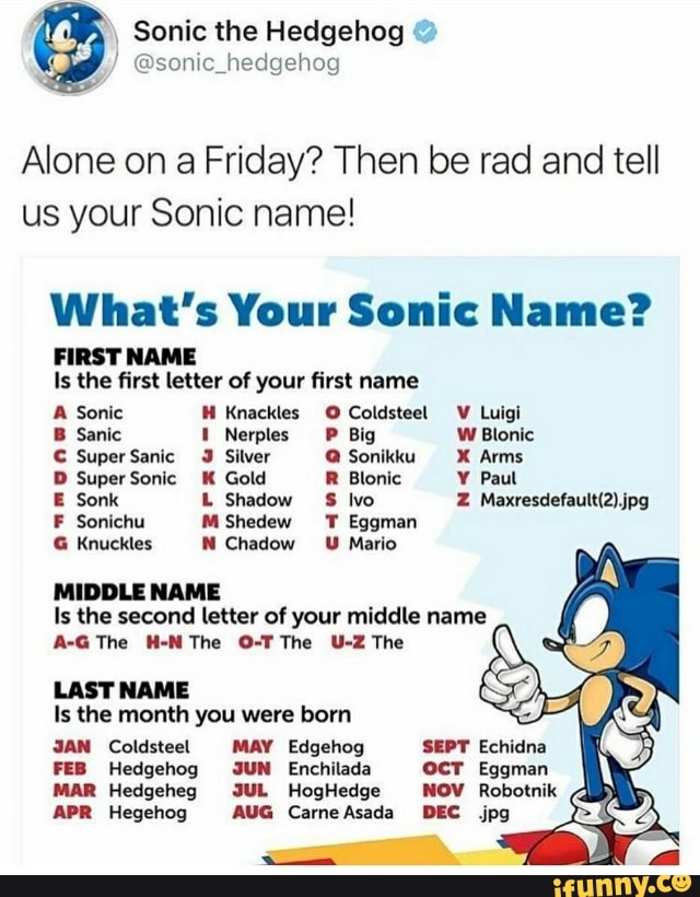Alone On A Friday Then Be Rad And Tell Us Your Sonic Name What S Your Sonic Name First Nam Is The ﬁrst Letter Of Your First Name A Sonlc Ii Knªckles