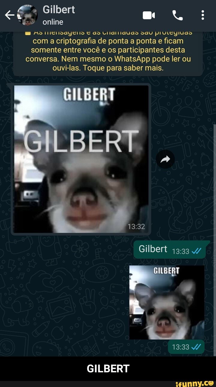 Gilbert online
AS iiciidager E ao Lilariiauas dau pruLeyiuas com a criptografia de ponta a ponta e ficam somente entre você e os participantes desta conversa. Nem mesmo o WhatsApp pode ler ou ouvi-las. Toque para saber mais.
ILBERT
BERT
1332
Gilbert 4/
GILBERT
GILBERT - GILBERT