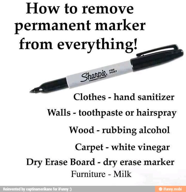 How to remove
permanent marker
from everything!
Clothes
hand sanitizer
Walls
toothpaste or hairspray
Wood rubbing alcohol
Carpet white vinegar
Dry Erase Board dry erase marker
Furniture
Milk