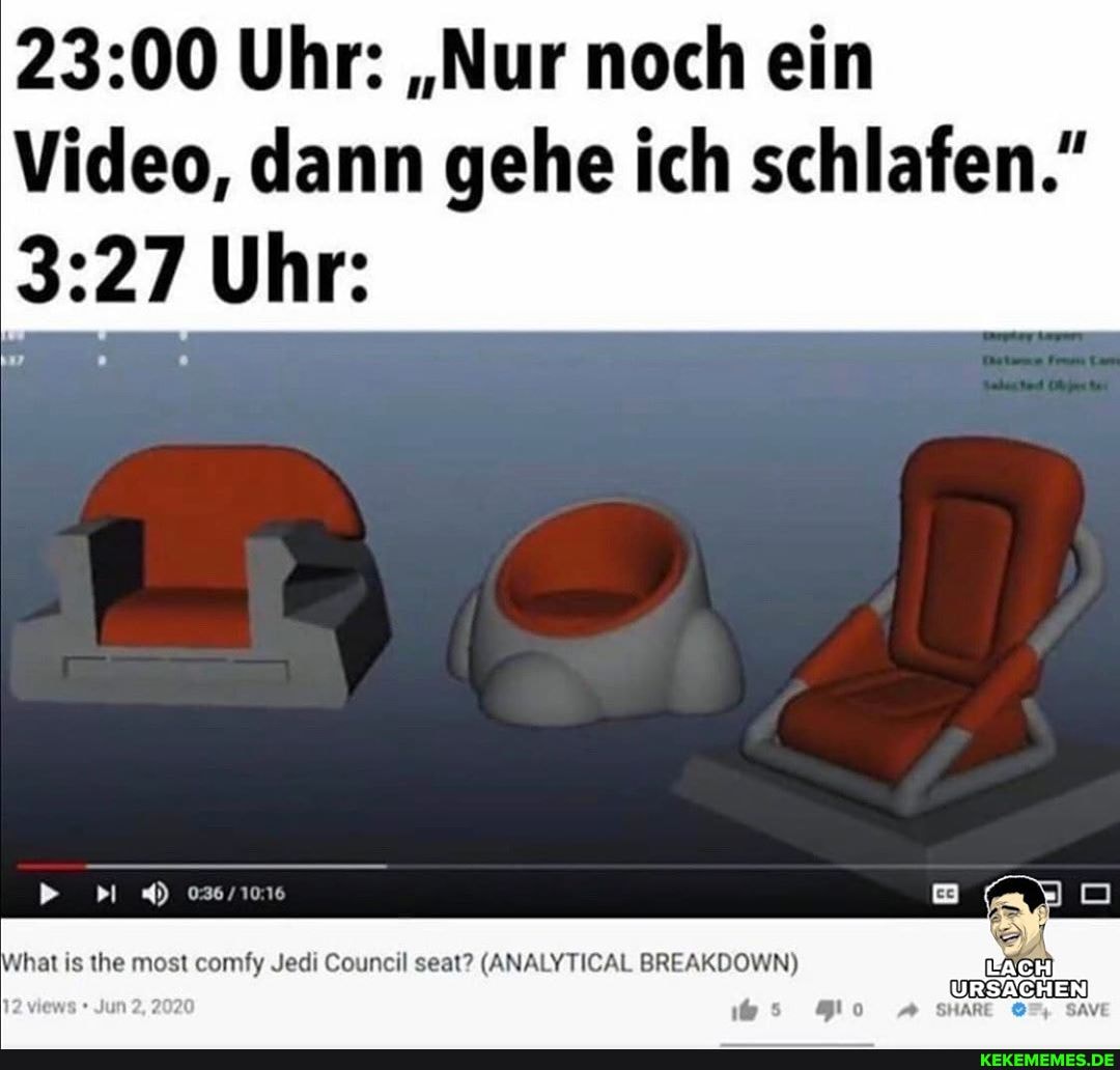 Uhr: "Nur noch ein
Video, dann gehe ich schlafen."
Uhr:
ost comfy Jedi Council seat? (ANALYTICAL BREAKDOWN)