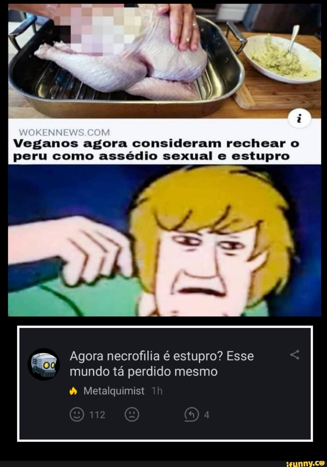 WOKENNEWS COM
Veganos agora consideram rechear o peru como assédio sexual e estupro
Agora necrofilia é estupro? Esse mundo tá perdido mesmo
Metalquimist