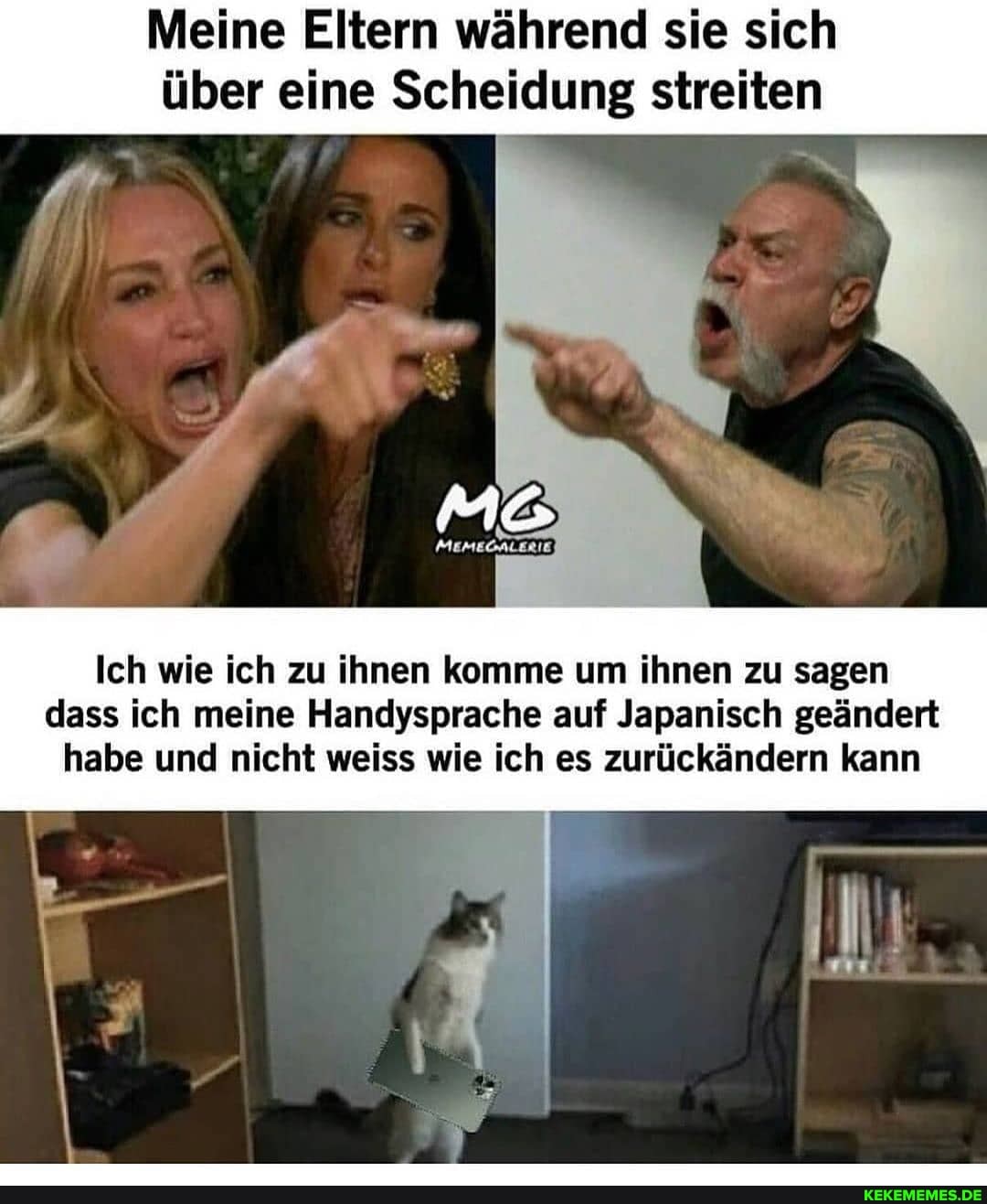 Meine Eltern während sie sich über eine Scheidung streiten
Ich wie ich zu ihnen komme um ihnen zu sagen dass ich meine Handysprache auf Japanisch geändert habe und nicht weiss wie ich es zurückändern kann