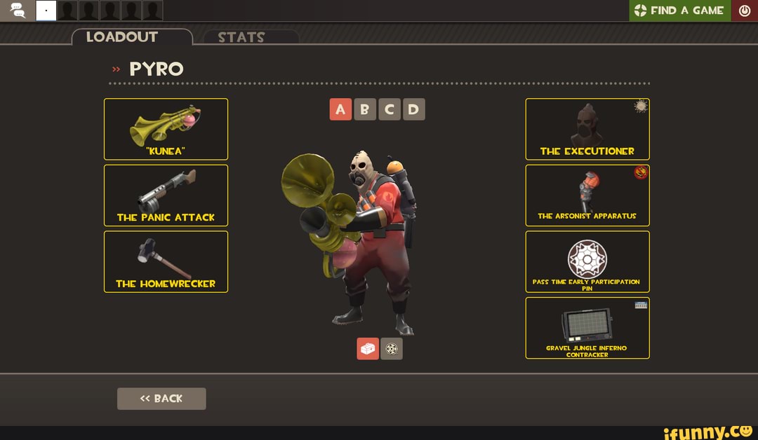 <2 FIND AGAME
LOADOUT
STATS
THE HOMEWRECKER
THE EXECUTIONER
THE arsonidr APPARATUS
PASS TIME EARLY PARTICIPATION PIN
GRAVEL JUNGLE INFERNO CONTRACKER
