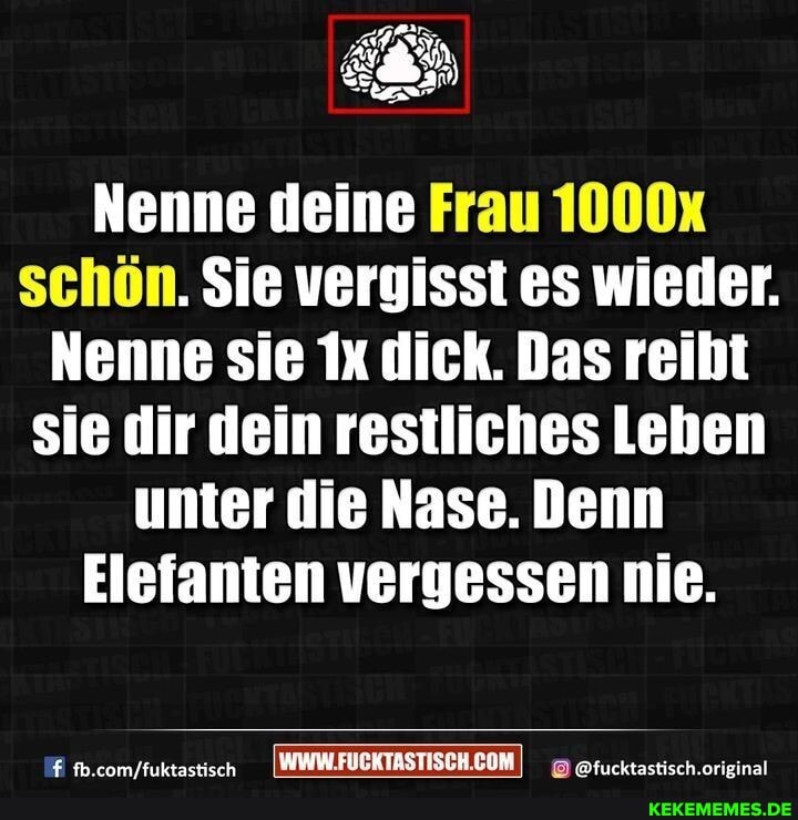Nenne deine Frau 1000x schön. Sie vergisst es wieder.
Nenne sie dick. Das reibt sie dir dein restliches Leben unter die Nase. Denn
Elefanten vergessen nie.
@fucktastisch.original