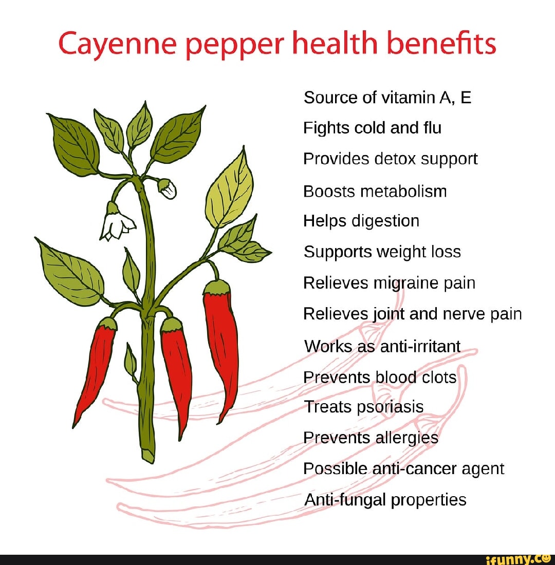 Cayenne pepper health benefits Source of vitamin A, E Fights cold and flu Provides detox support