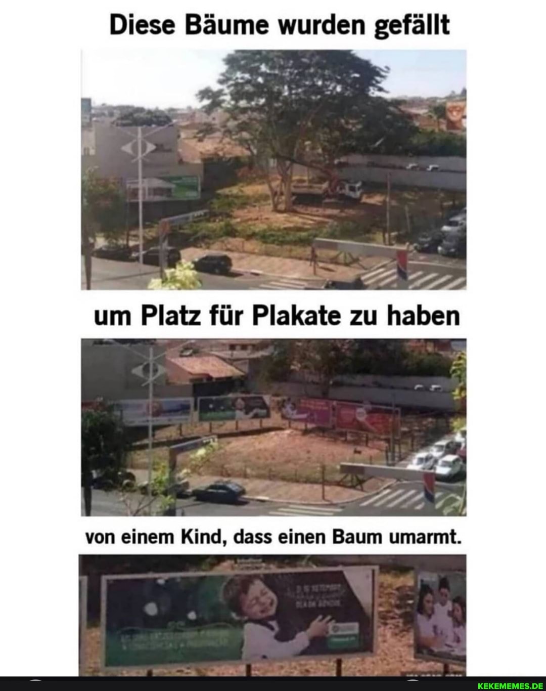 Diese Bäume wurden gefällt
um Platz für Plakate zu haben
von einem Kind, dass einen Baum umarmt.