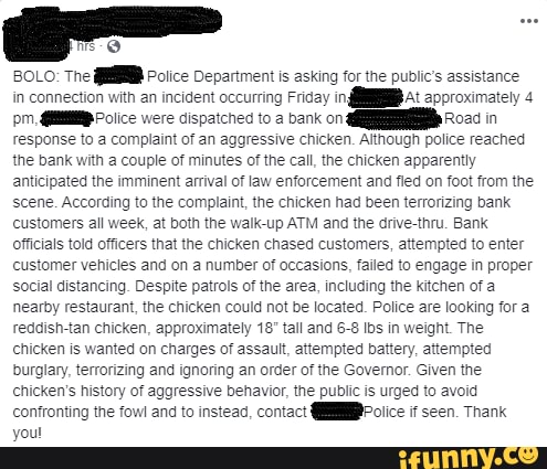 BOLO: The Police Department is asking for the public's assistance in connection with an incident occurring Friday in; At approximately 4 pm, Police were dispatched to bank on Road in response to a complaint of an aggressive chicken. Although police reached the bank with couple of minutes of the call, the chicken apparently anticipated the imminent arrival of law enforcement and fled on foot from the scene. According to the complaint, the chicken had been terrorizing bank customers all week, at both the walk-up ATM ang the drive-thru. Bank officials told officers that the chicken chased customers, attempted to enter customer vehicles and on a number of occasions, failed to engage in proper social distancing. Despite patrols of the area, including the kitchen of a nearby restaurant, the chicken could not be located. Police are looking for a reddish-tan chicken, approximately 18" tall and 6-8 Ibs in weight. The chicken is wanted on charges of assault, attempted battery, attempted burglary, terrorizing and ignoring an order of the Governor. Given the chicken's history of aggressive behavior, the public is urged to avoid confronting the fowl and to instead, contact Police if seen. Thank