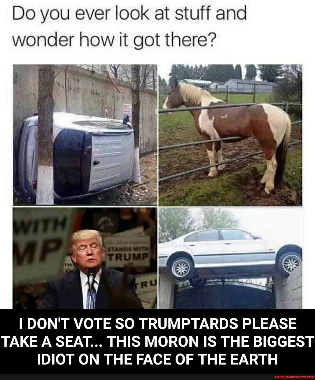 Do you ever look at stuff and wonder how it got there?
DON'T VOTE SO TRUMPTARDS PLEAS TAKE A SEAT... THIS MORON IS THE BIGGEST IDIOT ON THE FACE OF THE EARTH - I DON'T VOTE SO TRUMPTARDS PLEASE TAKE A SEAT... THIS MORON IS THE BIGGEST IDIOT ON THE FACE OF THE EARTH