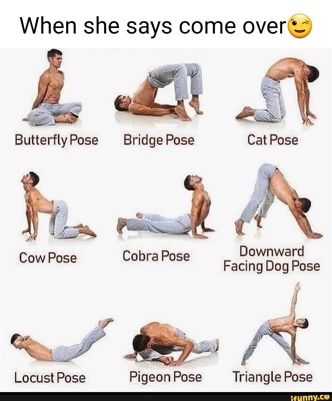 When she says come over ButterflyPose Bridge Pose Cat Pose Downward