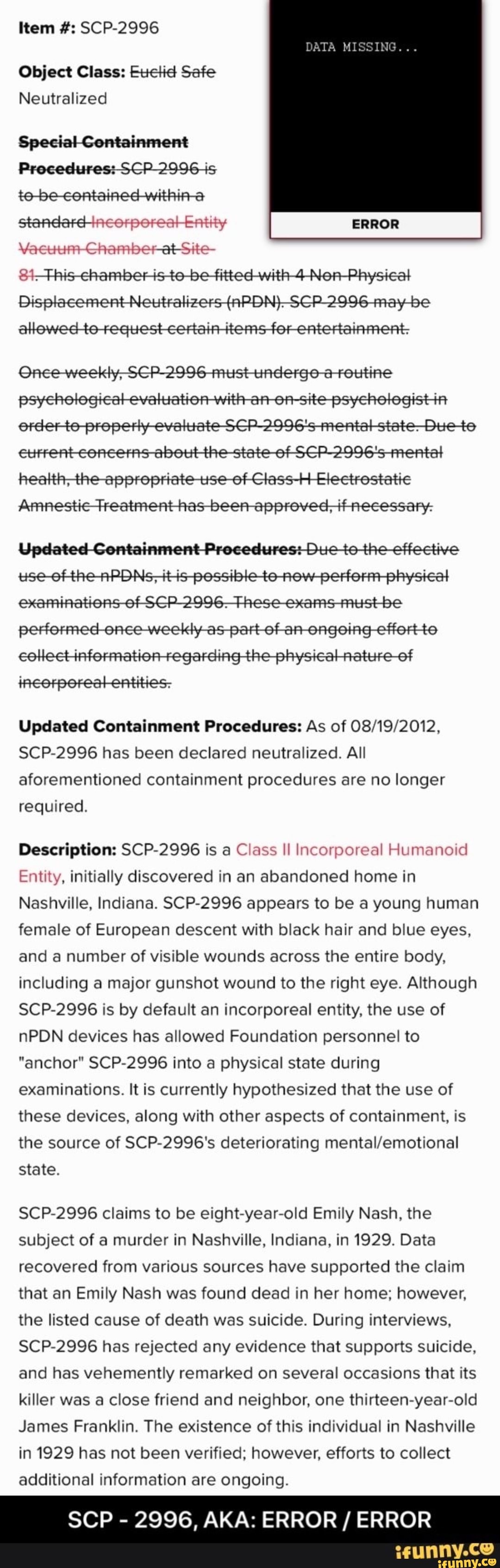 Item 3 Scp 2996 Data Missing Error Object Class Euctid Safe Neutralized Special Gontaininent Standards Owe