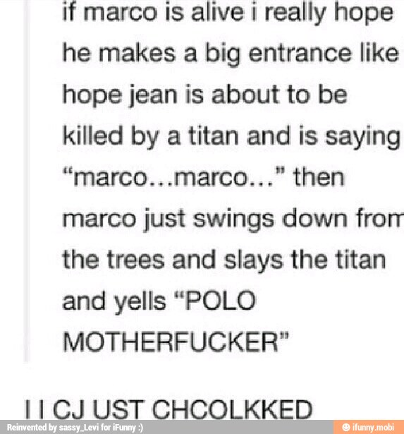 if marco Is alive I really hope
he makes a big entrance like
hope jean is about to be
killed by a titan and is saying
marco just swings down from
the trees and slays the titan
and yells "POLO
MOTHERFUCKER"